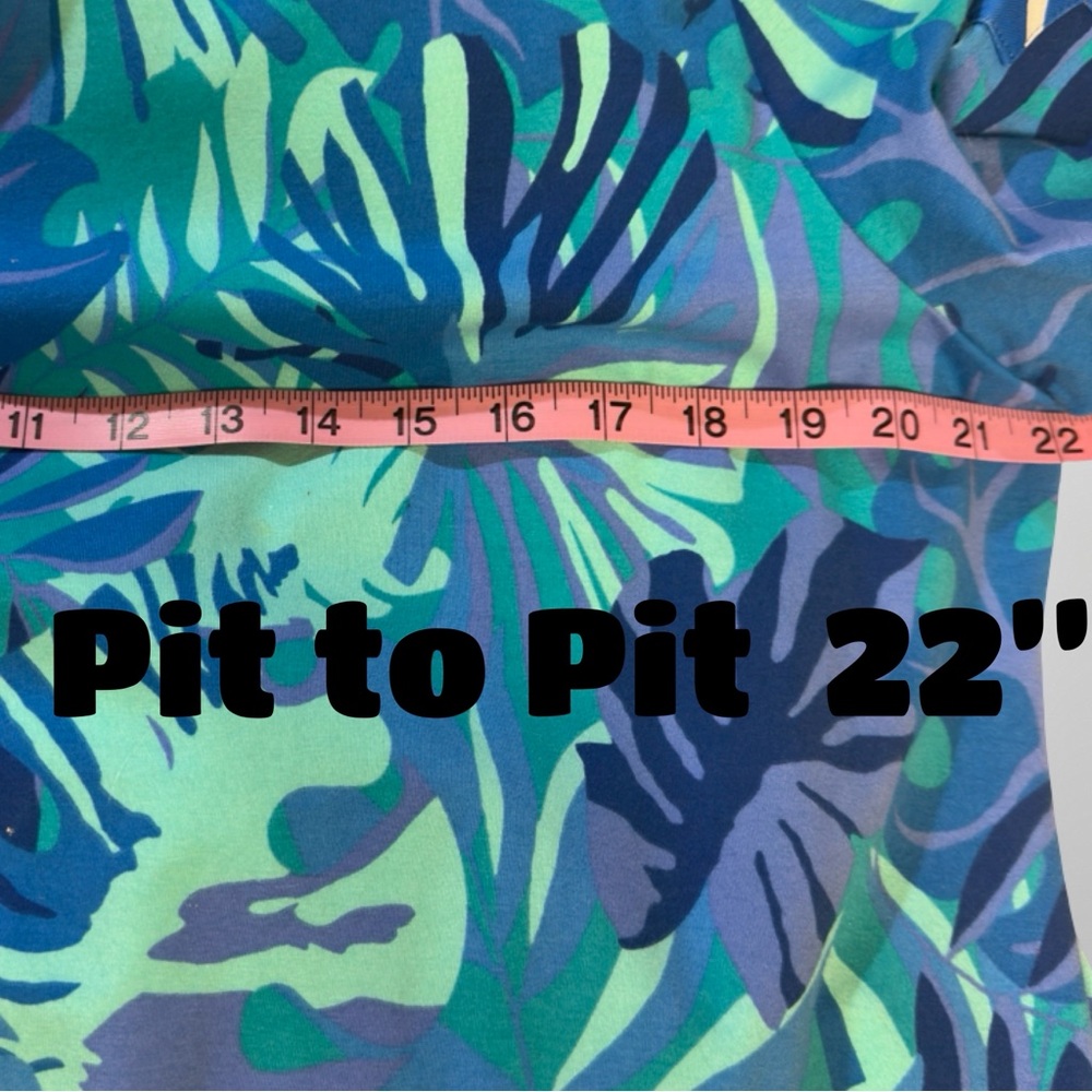 Chico’s Size 3 Blue Green Tropical Leaf Print Short Sleeve Shift Dress - Picture 9 of 13